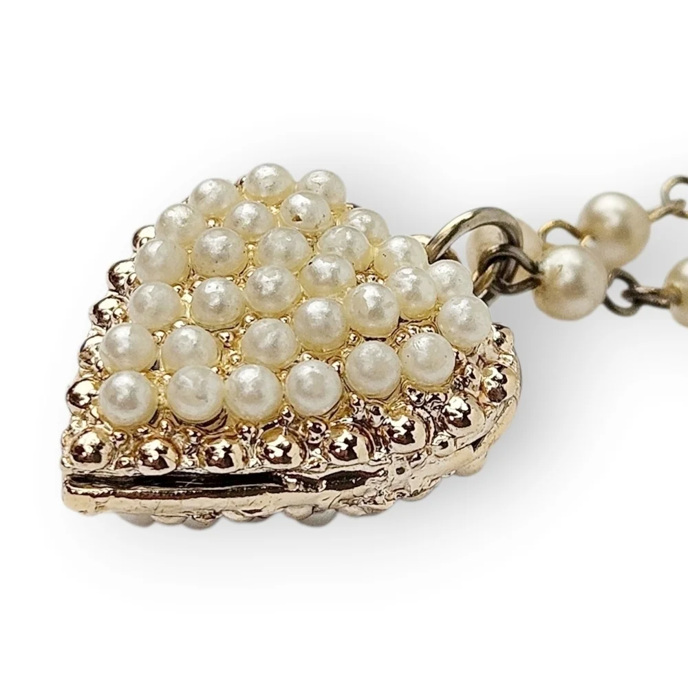 Vintage Faux Pearl Heart Necklace Creamy Beige Gold Tone Chain Adjustable 17